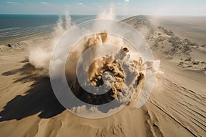 drone shot of sand explosion, with the dramatic force and power of the blast captured in aerial view