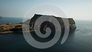 Drone shot of Seongsan Ilchulbong in Jeju Island, Republic of Korea.