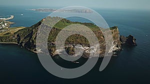 Drone shot of Seongsan Ilchulbong in Jeju Island, Republic of Korea.