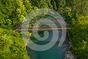 Drone shot of the Serio river and old bridge photo