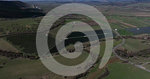 Drone shot of solar panels rows at a solar power facility. Power station