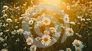 Drone shot, summer meadow filled with beautiful flowers and daises, golden hour, national geographic, high quality