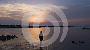 Drone shot of sunset in the sea  in the island of formentera  baleares, spain