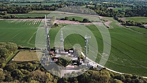 Drone shot of a Telecommunication tower of 4G and 5G cellular. Base Station or Base Transceiver Station. Wireless Communication