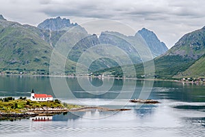 Drone shot of Vagan Municipality and the Sildpollnes Church in Norway photo