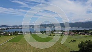 Drone show of lake zug and Rig with Cham in foreground. Switzerland landscape