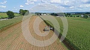 Drone Side View of Amish Harvesting Their Corn Using Six Horses and Three Men as it was Done Years Ago