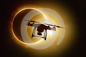 Drone silhouette on total solar eclipse background