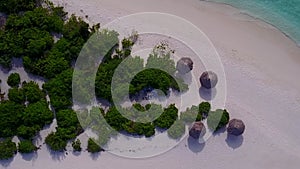 Drone sky of idyllic bay beach time by aqua blue ocean and white sand background