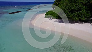 Drone sky of luxury island beach wildlife by blue ocean with white sandy background