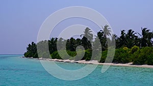 Drone sky of marine coast beach trip by shallow sea with white sand background