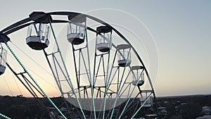 Drone, skyline and ferris wheel for travel in city, cityscape and amusement park by horizon for relax leisure. Cape town