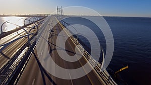 Drone span over high-speed road towards the new cable-stayed bridge in the early morning, northwest high-speed diameter
