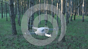 Drone spin around and flying in the sky, flying quadcopter video and footage. Unmanned aerial vehicle flying in the pine forest, t