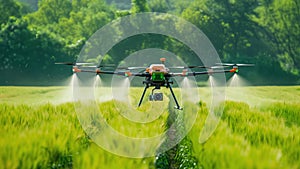 Drone spraying crops in a lush green field on a bright day