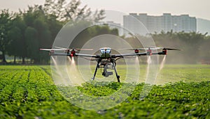 A drone spraying a field of crops by AI generated image