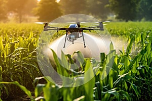 Drone spraying Liquid fertilizers, hormones to nourish crops on agricultural field