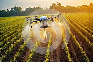 Drone spraying Liquid fertilizers, hormones to nourish crops on agricultural field