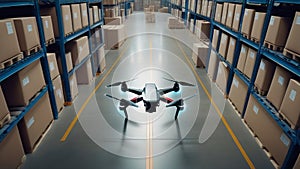 A drone stand in a modern warehouse between rows of racks with boxes