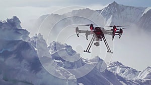 Drone Surveillance in Snow-Capped Mountain Region at Dawn