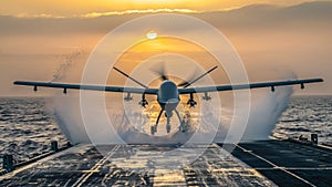 Drone taking off from a ship deck at sea during sunset