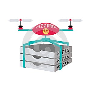 A drone with three boxes of pizza flies to fulfill an order. Flat style. Design for pizza delivery service, pizzeria. Design of a