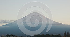 Drone, time lapse and landscape of mountain at sunset with clouds with sky, nature and change. Fujiyoshida, Japan and