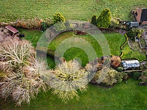 Drone top down view of a English garden.