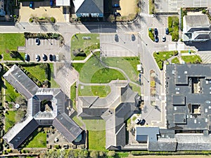Drone top down view of a modern NHS hospital complex.