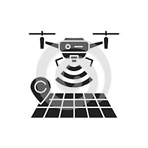 Drone tracking black glyph icon. GPS navigation symbol. Interactive map and quadcopter. Aircraft device concept. Sign for web page