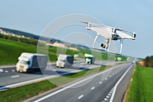 Drone and transportation. drone with camera controls highway road conditions