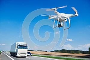 Drone and transportation. drone with camera controls highway road conditions