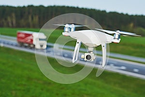 Drone and transportation. drone with camera controls highway road conditions