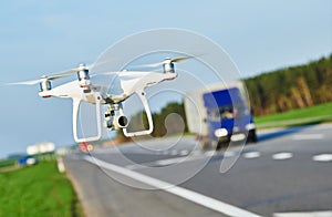 Drone and transportation. drone with camera controls highway road conditions