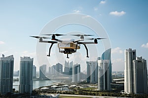 Drone Transporting Financial Sheets Amidst Urban Towers