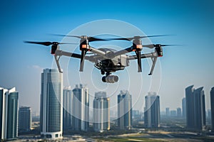 Drone Transporting Financial Sheets Amidst Urban Towers