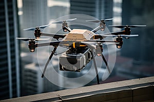 Drone Transporting Financial Sheets Amidst Urban Towers