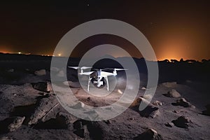 Drone UAV flying above bombarded ruins at night, Ukraine Russia war, Generative AI