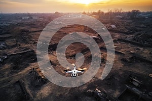 Drone UAV flying above bombarded ruins at night, Ukraine Russia war, Generative AI