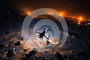 Drone UAV flying above bombarded ruins at night, Ukraine Russia war, Generative AI