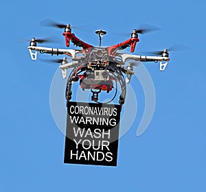 Drone uav remote control vehicle covid-19 novel disease sign notice warning public health wash your hands drones air