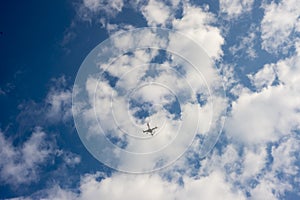 Drone under the blue sky with clouds