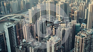 Drone in Urban Landscape With City Buildings