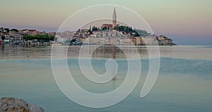 Drone video of the historic Croatian coastal town of Rovinj during sunrise