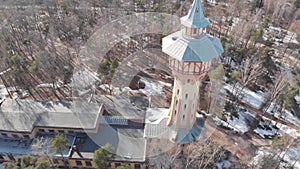 Drone video view of the tower in the Park of the Polytechnic University in St. Petersburg.