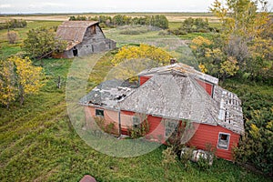 Drone view of abandoned farm buildings on the Canadian prairies