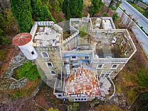 Drone view of abandoned mansion Dacha Kvitko, Sochi, Russia