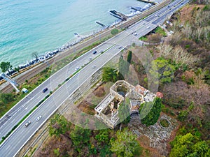 Drone view of abandoned mansion Dacha Kvitko, Sochi, Russia