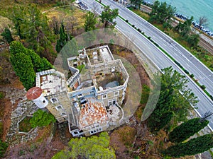 Drone view of abandoned mansion Dacha Kvitko, Sochi, Russia