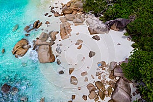 Drone view from above at Anse Lazio beach Praslin Island Seychelles